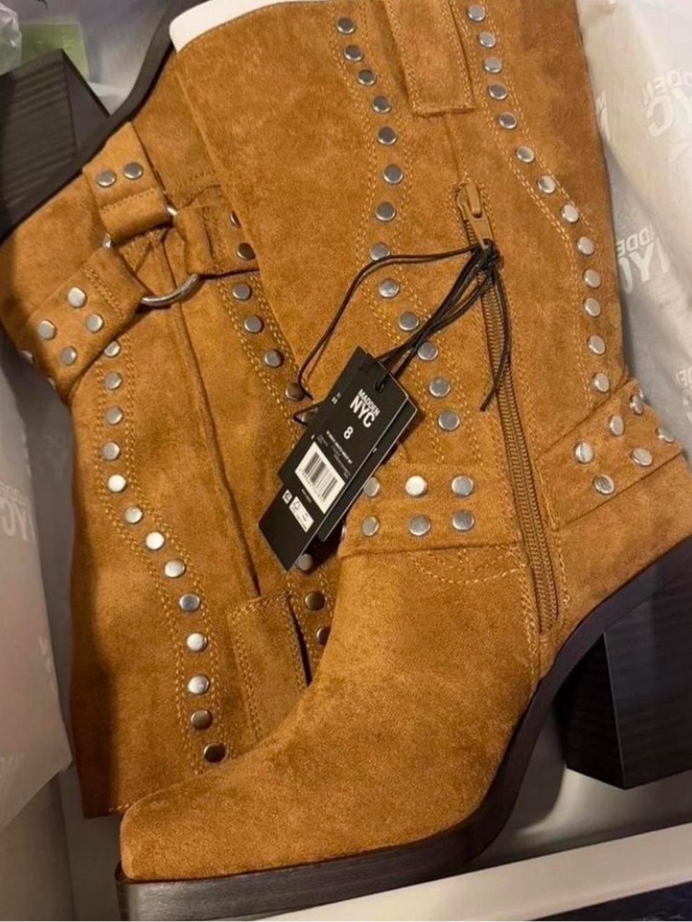 Steve Madden Tan Suede Studded Mid-Calf Boots - Picture 2 of 3
